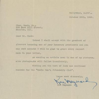 Ken Maynard famous cowboy signed letter