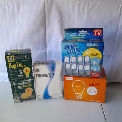 Packages of Lightbulbs - LED & Bug lights with new in package Quik-Bright 10 Pack LED lights