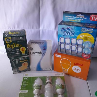 Packages of Lightbulbs - LED & Bug lights with new in package Quik-Bright 10 Pack LED lights