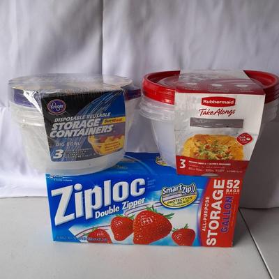 Six brand new food storage containers with a box of unopened ziploc bags