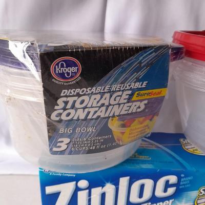 Six brand new food storage containers with a box of unopened ziploc bags