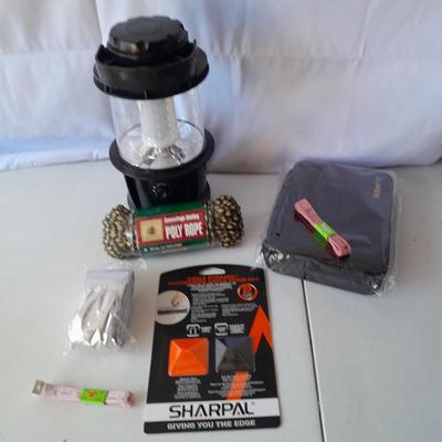 Camping and survival gear - working LED Lantern - Rope - Sewing kit -Sharpal sharpening and more