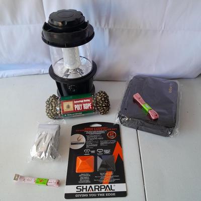 Camping and survival gear - working LED Lantern - Rope - Sewing kit -Sharpal sharpening and more
