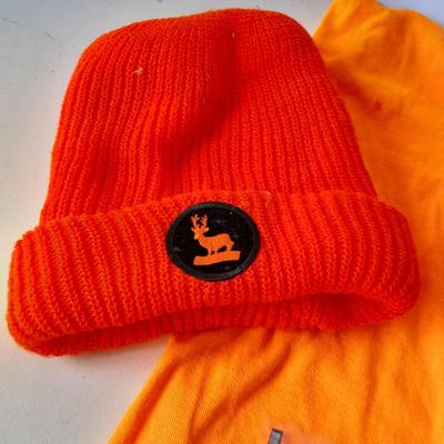Hunting Orange stocking hat - neck covering - dressing gloves - and large animal hoist