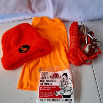 Hunting Orange stocking hat - neck covering - dressing gloves - and large animal hoist