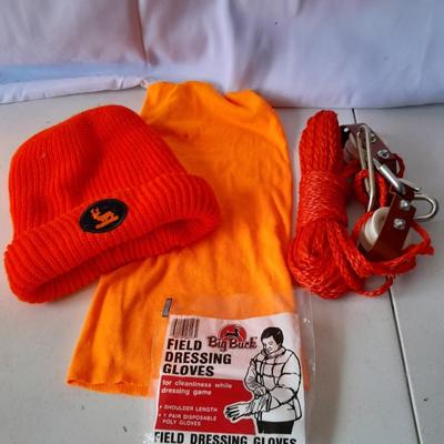 Hunting Orange stocking hat - neck covering - dressing gloves - and large animal hoist