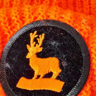 Hunting Orange stocking hat - neck covering - dressing gloves - and large animal hoist