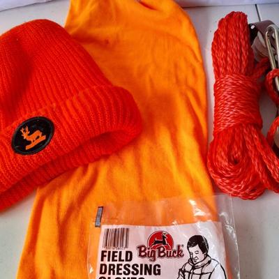 Hunting Orange stocking hat - neck covering - dressing gloves - and large animal hoist