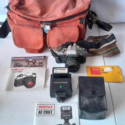Vintage Pentax 35 MMM camera with flash and accessories