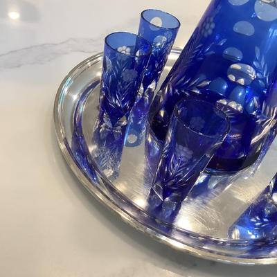 Blue Lead Crystal Decanter, cobalt blue with tray