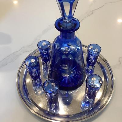 Blue Lead Crystal Decanter, cobalt blue with tray