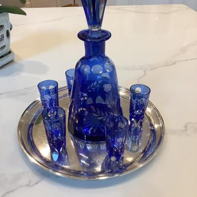 Blue Lead Crystal Decanter, cobalt blue with tray