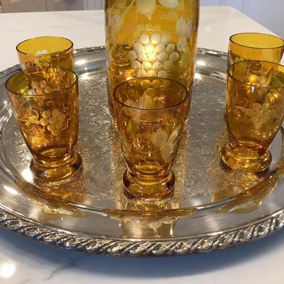 Amber glass with grape motif decanter set with 5 glasses and tray