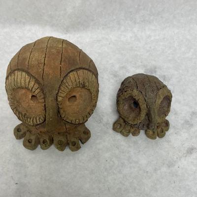Vintage MCM Brutalist Clay Owl Figurine Pair