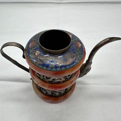 CHINESE TIBETAN SILVER CARVED JADE ENAMEL TEA POT
