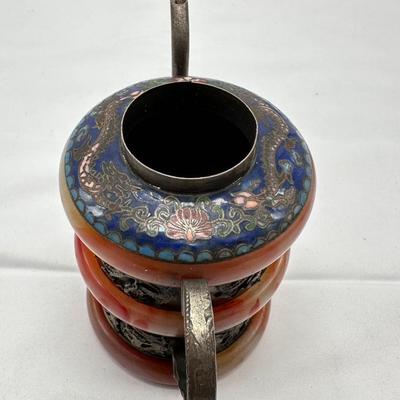 CHINESE TIBETAN SILVER CARVED JADE ENAMEL TEA POT