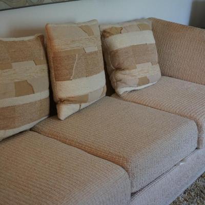 MCM BARCLAY SOFA IN CREAM AND TAN COLORS. THREE PILLOWS