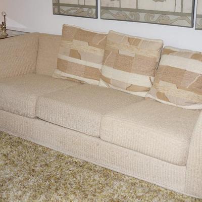 MCM BARCLAY SOFA IN CREAM AND TAN COLORS. THREE PILLOWS