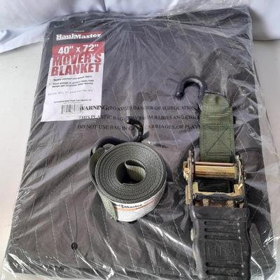 New moving blanket with like new wide Haul Master ratchet strap