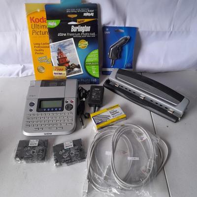 Office Supplies - Brother P-touch label printer - Photo paper - USB cords - 3 Hole punch and more