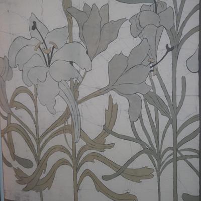 1970'S -80'S THREE PIECE FABRIC BATIK WALL ART OF FLORALS /SWIRLS IN TAN AND GREY