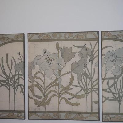 1970'S -80'S THREE PIECE FABRIC BATIK WALL ART OF FLORALS /SWIRLS IN TAN AND GREY