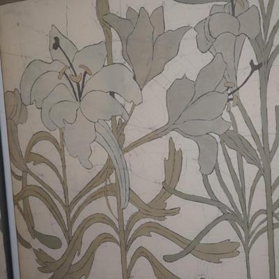 1970'S -80'S THREE PIECE FABRIC BATIK WALL ART OF FLORALS /SWIRLS IN TAN AND GREY
