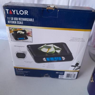 Kitchen items - 2 brand new Mugs - Glass tea dispenser / pitcher and a new 11lb Taylor food scale