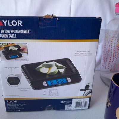 Kitchen items - 2 brand new Mugs - Glass tea dispenser / pitcher and a new 11lb Taylor food scale