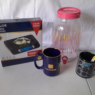 Kitchen items - 2 brand new Mugs - Glass tea dispenser / pitcher and a new 11lb Taylor food scale