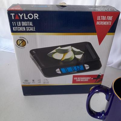 Kitchen items - 2 brand new Mugs - Glass tea dispenser / pitcher and a new 11lb Taylor food scale