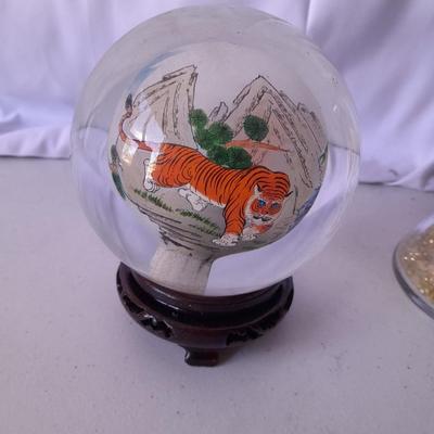 Tong Dynasty Collection reverse Hand Painted Vintage Crystal Art Tiger Globe - with bath salts and seashell