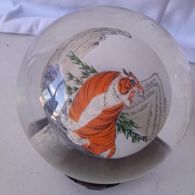 Tong Dynasty Collection reverse Hand Painted Vintage Crystal Art Tiger Globe - with bath salts and seashell