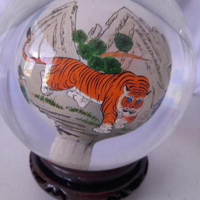Tong Dynasty Collection reverse Hand Painted Vintage Crystal Art Tiger Globe - with bath salts and seashell