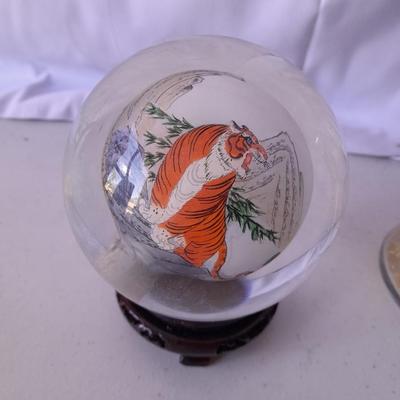 Tong Dynasty Collection reverse Hand Painted Vintage Crystal Art Tiger Globe - with bath salts and seashell