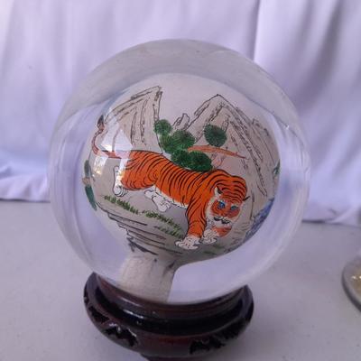 Tong Dynasty Collection reverse Hand Painted Vintage Crystal Art Tiger Globe - with bath salts and seashell