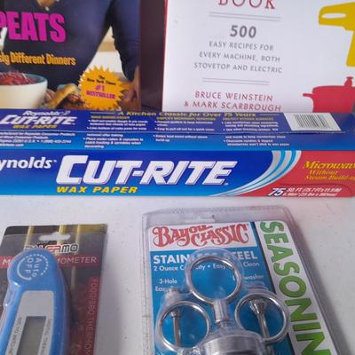 New Kitchen necessities - Cookbooks - thermometer - seasoning injection tool - and new wax paper