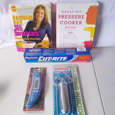 New Kitchen necessities - Cookbooks - thermometer - seasoning injection tool - and new wax paper