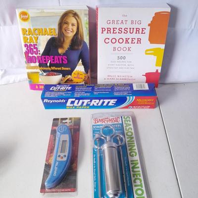 New Kitchen necessities - Cookbooks - thermometer - seasoning injection tool - and new wax paper
