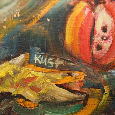 1960-70's COLORFUL OIL ON BOARD STILL LIFE OF FRUIT SIGNED KUST /FRAMED