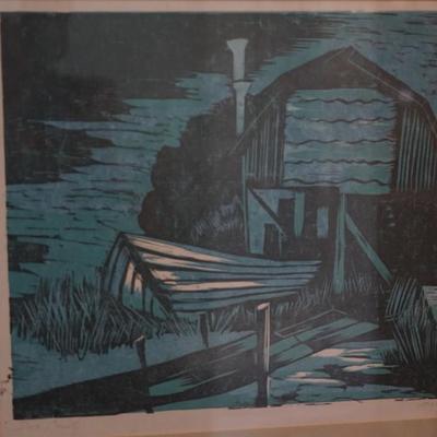 WOODBLOCK PRINT "DOOR COUNTY" SIGNED AND DATED SALLY CORBIN 1963