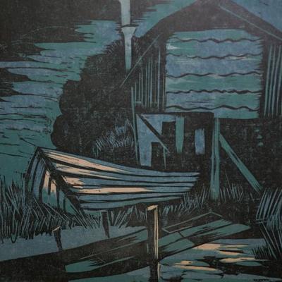 WOODBLOCK PRINT "DOOR COUNTY" SIGNED AND DATED SALLY CORBIN 1963