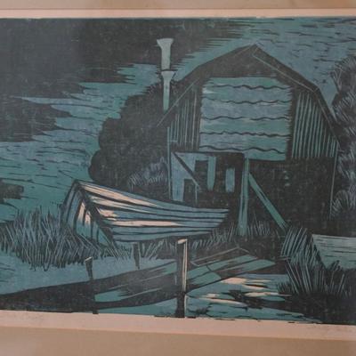 WOODBLOCK PRINT "DOOR COUNTY" SIGNED AND DATED SALLY CORBIN 1963