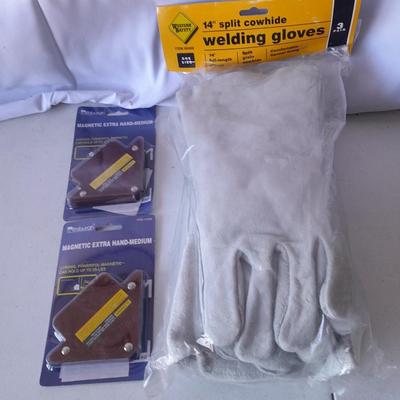 Package of 3 brand new cowhide leather welding gloves and two brand new magnetic extra hand's