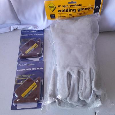 Package of 3 brand new cowhide leather welding gloves and two brand new magnetic extra hand's