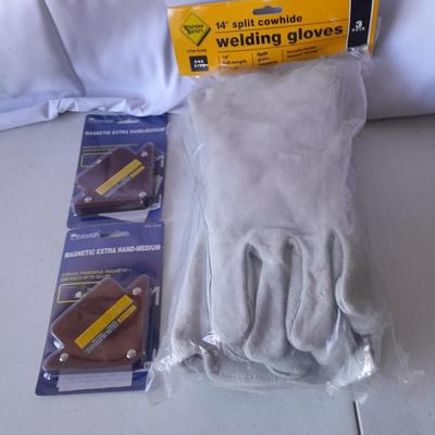Package of 3 brand new cowhide leather welding gloves and two brand new magnetic extra hand's