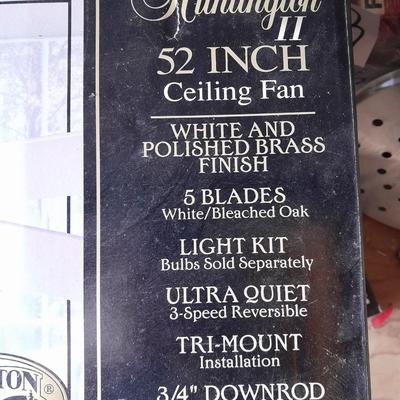 Hampton Bay Huntington II 52 Inch Ceiling fan New in Box - White polished brass - bleached oak Tri mount Install