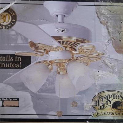 Hampton Bay Huntington II 52 Inch Ceiling fan New in Box - White polished brass - bleached oak Tri mount Install