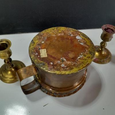 Copper mug with brass candle stick holders