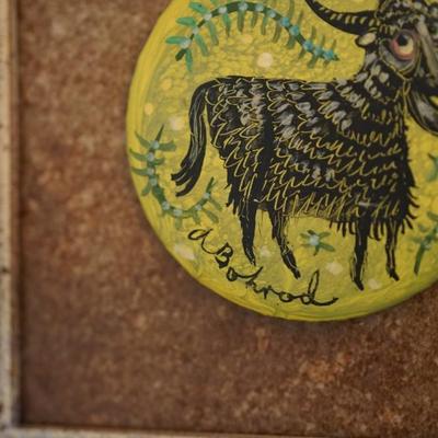 AaRON BOHROD ORIGINAL HAND PAINTED CERAMIC DISC MOUNTED ON TILE WITH FRAME ARTIST SIGNED